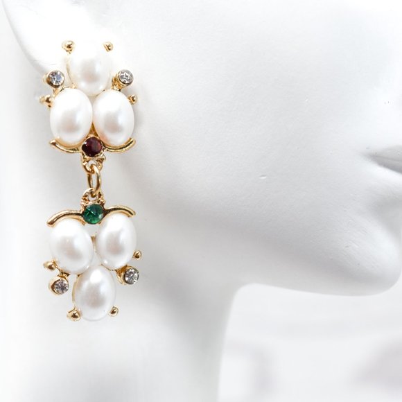 1.75" Drop Dangle Pearl Red/Green Earrings - Picture 3 of 12